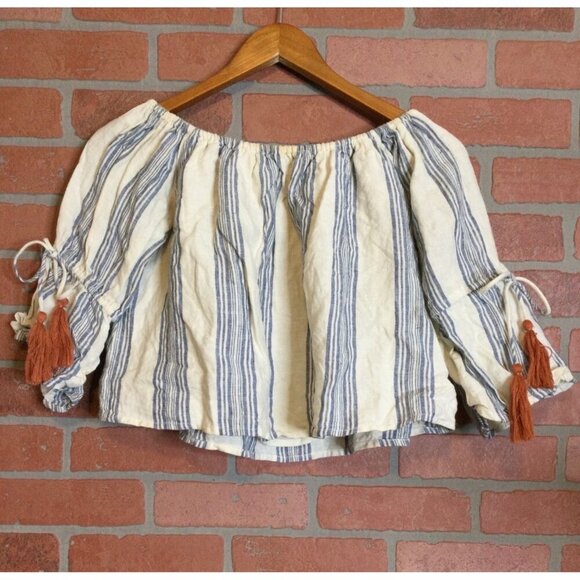 Tularosa Women Striped Off Shoulder Linen Tassel Blouse Top 3/4 Sleeve SZ Small - Picture 3 of 10
